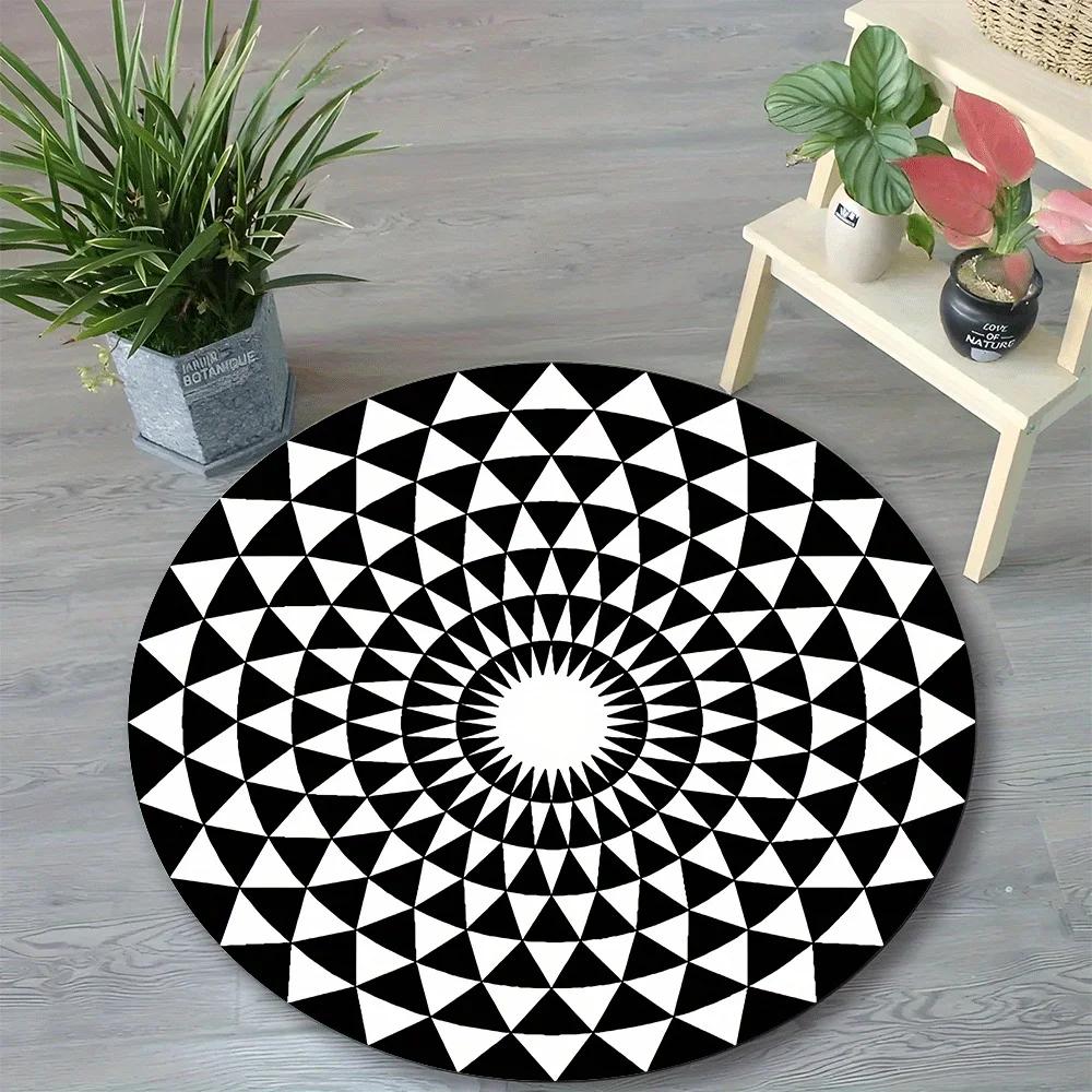 Black & White Round Floor Mat – Machine Washable Indoor Rug for Bathroom, Living Room & Bedroom