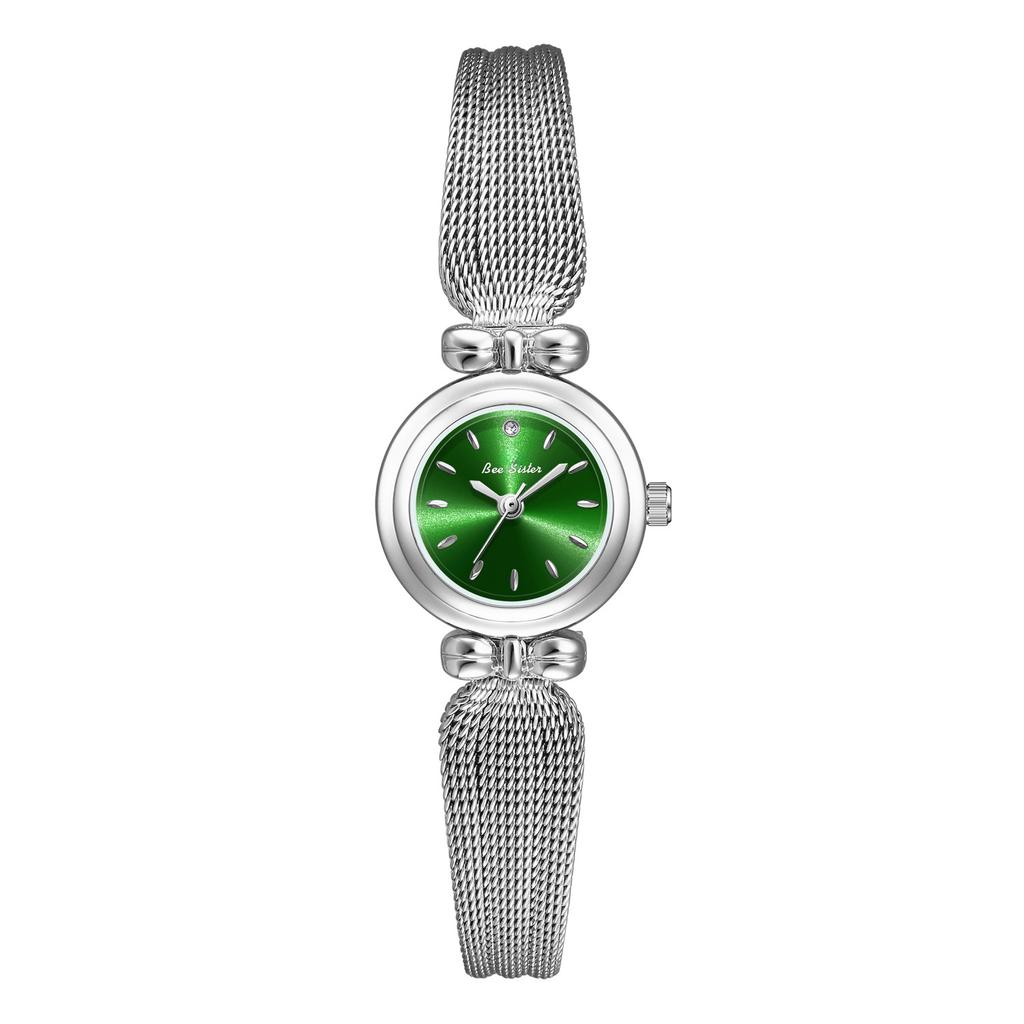 Mini Bowknot Mesh Band Women Quartz Watch, Small Round Dial Light Luxury Alloy Ladies Dress Wrist Watch with Shell Sunray Dial