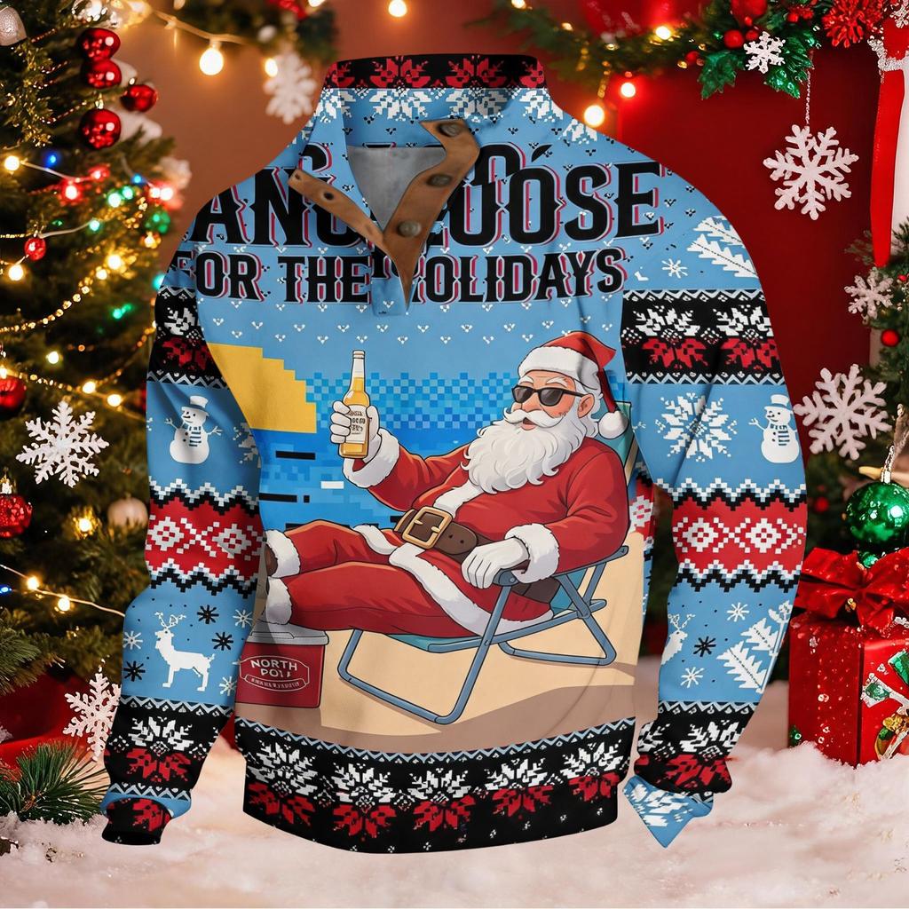 Men's Christmas Novelty Print Long Sleeve Button Placket Pullover Sweatshirt for Winter