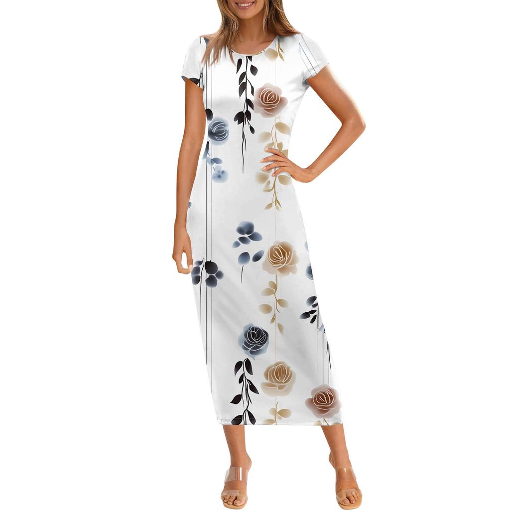 Damenmode Lässiger Druck Rundhals Kurzarm Langes Kleid