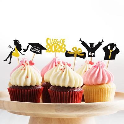 24pcs Class of 2026 Graduation Cupcake Toppers 6 Styles Glitter Party Cake Decoration Reusable Cupcake Picks Graduation Party