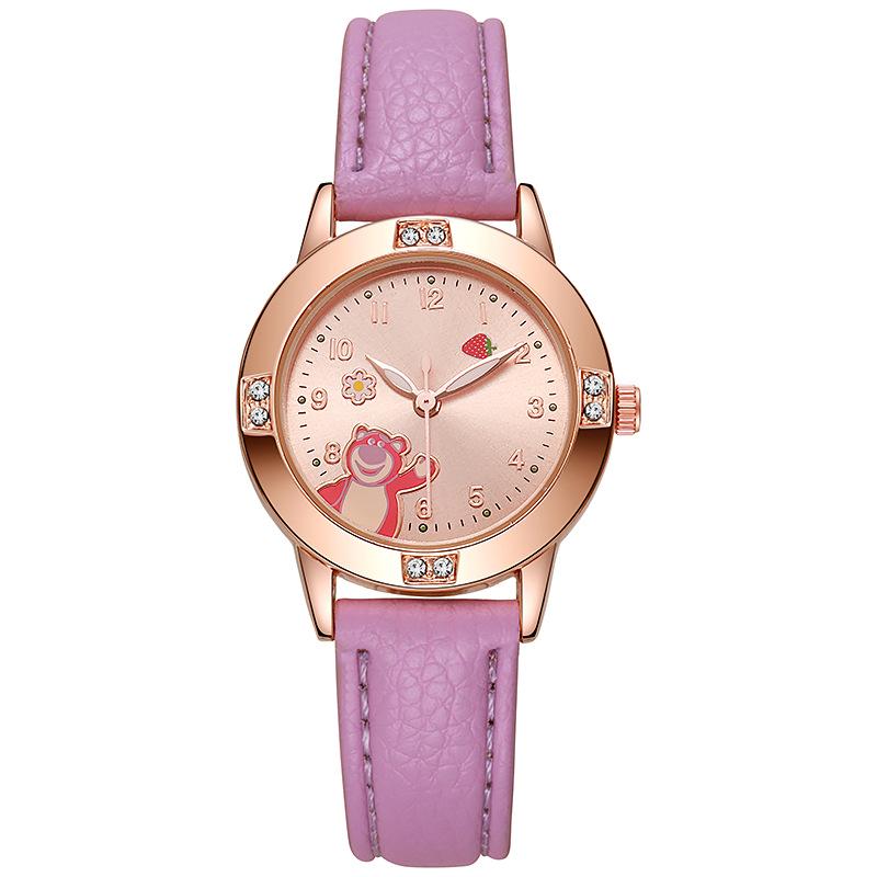 Rose Gold Girls Rhinestone Leather Strap Watch with Strawberry Bear Design