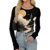Women's Slim Fit Halloween Print Pullover Long Sleeve T Shirt Crew Neck Base Layer Top with Thumb Hole Cuffs Stretch Fabric