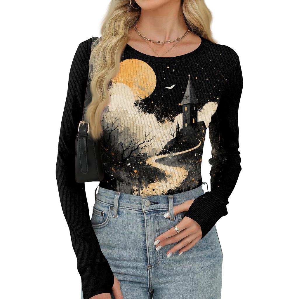 Women's Slim Fit Halloween Print Pullover Long Sleeve T Shirt Crew Neck Base Layer Top with Thumb Hole Cuffs Stretch Fabric