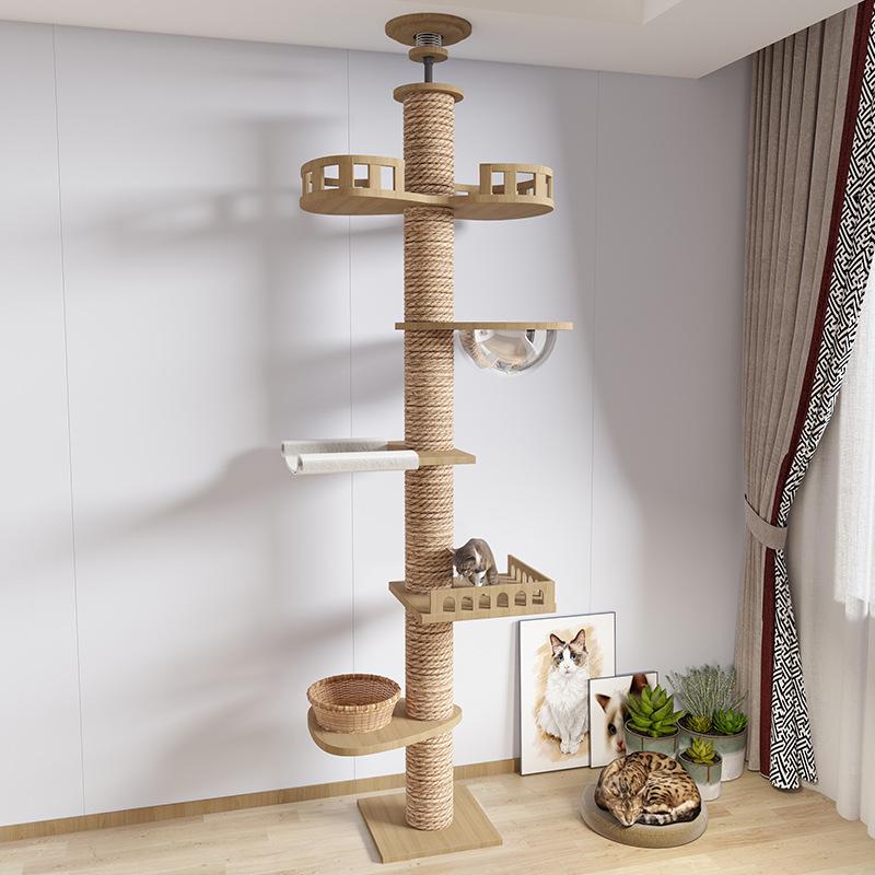 Space-Saving Solid Wood Cat Tree Tower: Climbing Frame, Bed, and Jumping Platform for Small Apartments