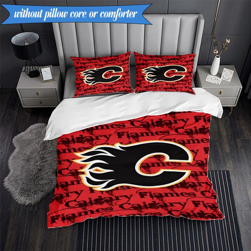 3PCS Flames Hockey Team Logo Bedding Set,Including 1pc Duvet Cover And 2pcs Pillowcases Perfect for Bedroom, Dormitory, Fan Christmas gift
