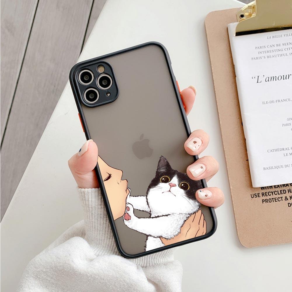 Cute Shockproof Translucent Matte Phone Case For Iphone 11 12 13 Pro Max Mini 7 Plus XR X S Cover Lovely Cat Kiss Refuse To Kiss