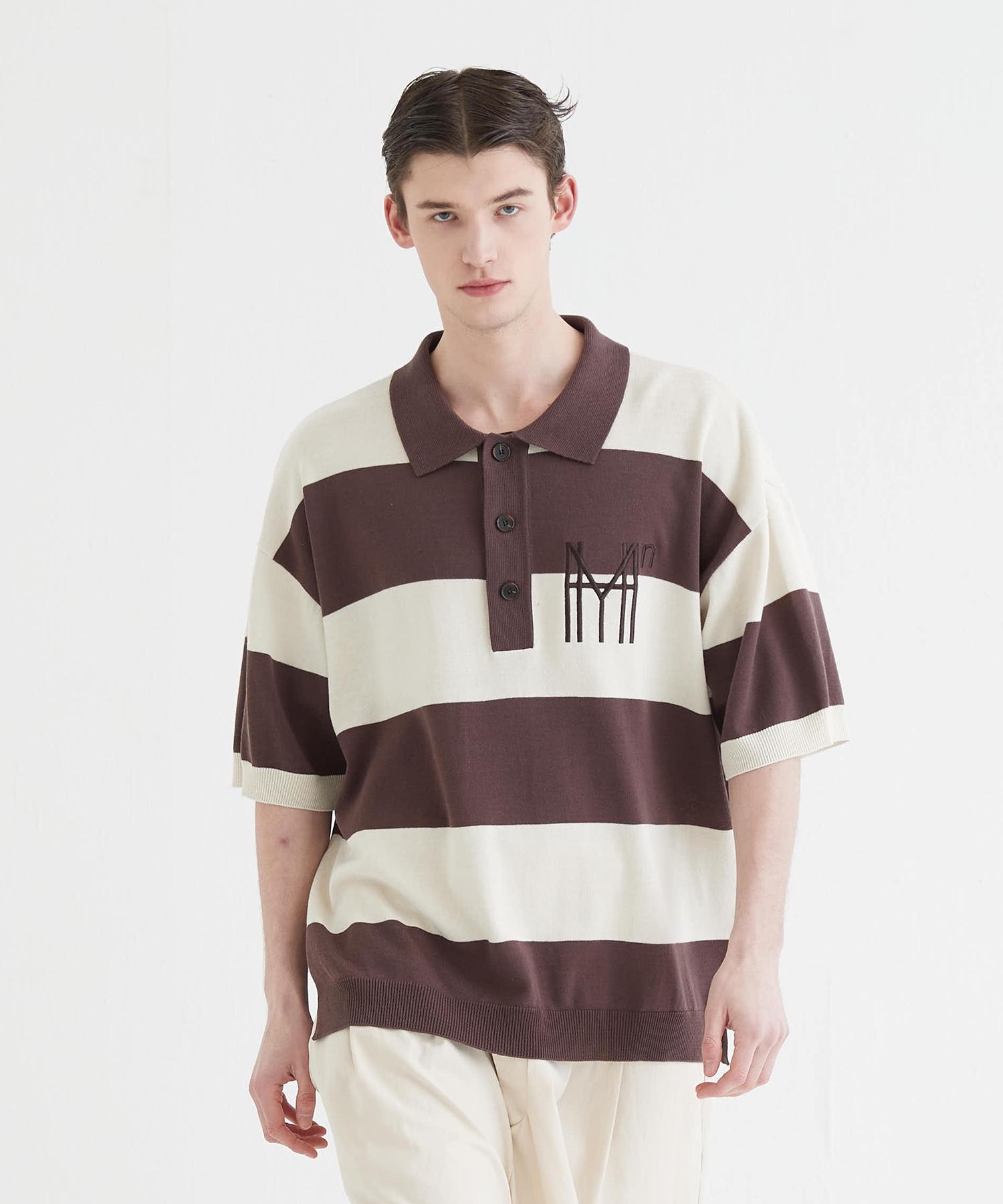 Hi Two [Unisex] Pk Collar Striped Knit Sweater Brown Brown/Medium