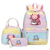 3Pcs Axolotl Backpack for Girls Teen, School Bag with Lunch Box & Pencil Case, Kids Student Daypack, Mochila Back To School Gift