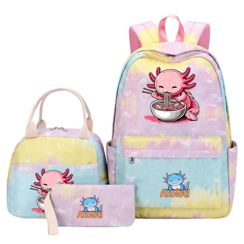 3Pcs Axolotl Backpack for Girls Teen, School Bag with Lunch Box & Pencil Case, Kids Student Daypack, Mochila Back To School Gift