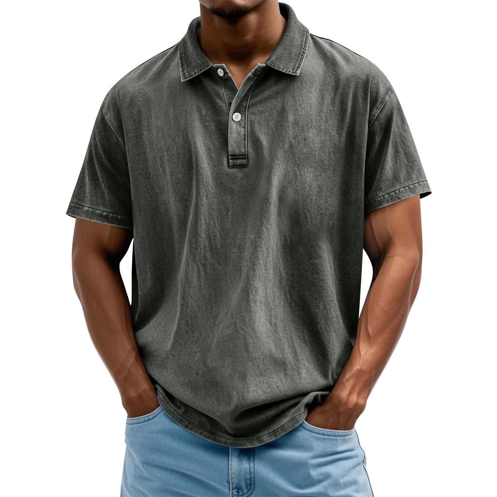 Men's Summer Solid Color Button Lapel Loose Short Sleeve Top