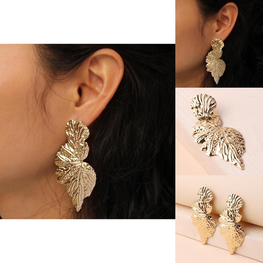 Metal Leaf Earrings With Gold Coating And Bold Design For Women