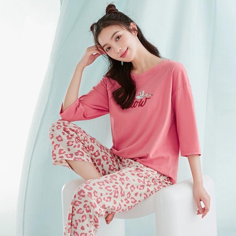 

New leopard print with chest pad cotton thin pajama set, women can wear loungewear outside in summer XXL