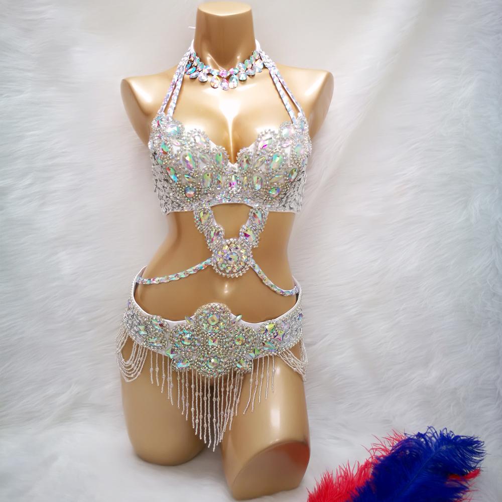 Hot Sale Women's Beaded Crystal Belly Dance Costume Wear Bra+Belt+Necklace 3pc Set Sexy Bellydancing Costumes Clothes