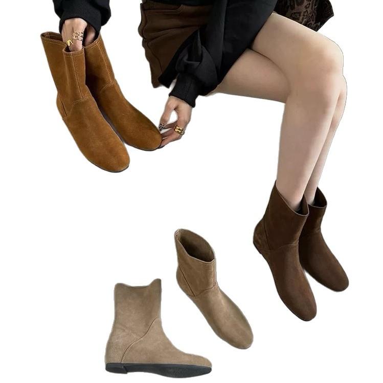 Short Boots Women's Matte Cowboy Boots Knight Boots Sleeve 2025 British Suede French Retro New Inner Height Increase