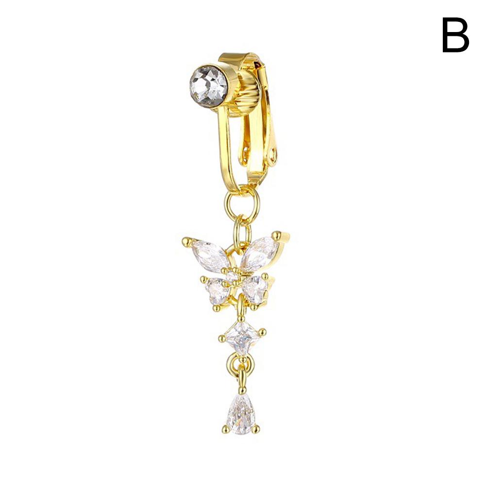 

1/2PCS Fashion Long Pendant Butterfly Belly Button Clip Piercing for Women Stainless Steel Fake Belly Button Ring Insect&Navel & Bell Button Rings&Body