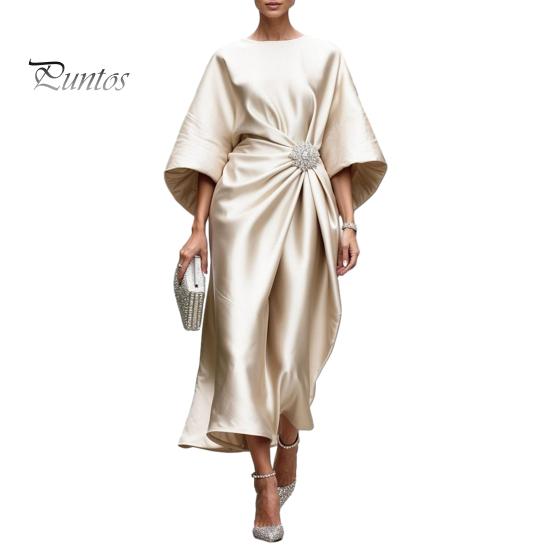 Alltags lässiges Kleid Damen Satin Fledermausärmel Maxikleid, Strassakzent Rundhals Polyester Abendparty A-Linie Formell Hochzeitsgast