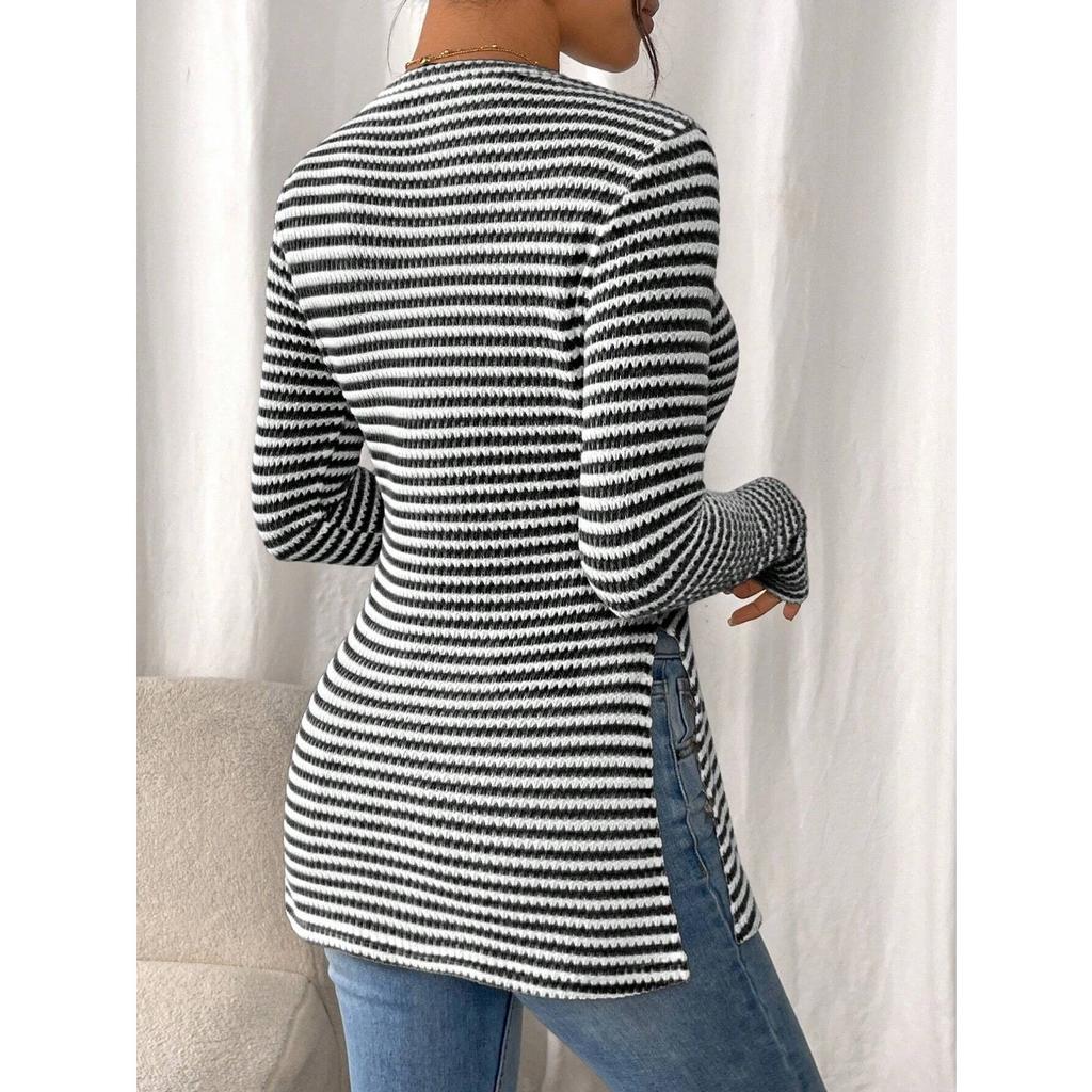 Nowa, swobodna, damska koszula z okrągłym dekoltem i długim rękawem, uniwersalny top z rozcięciem, seksowny T-shirt