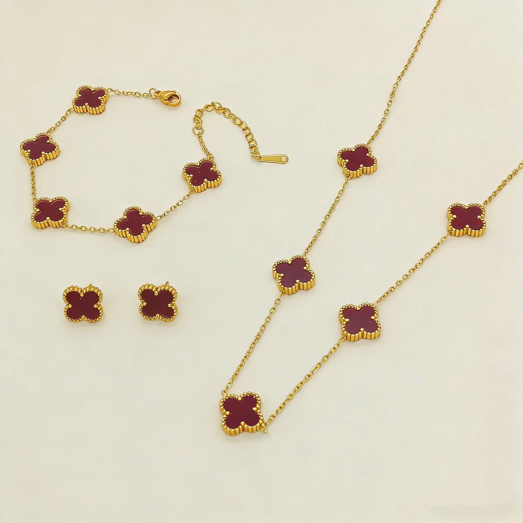 3PCS Double-sided Fritillary Titanium Steel Four-leaf Clover Five-flower Bracelet, Five-flower Necklace & Earring Set Gift