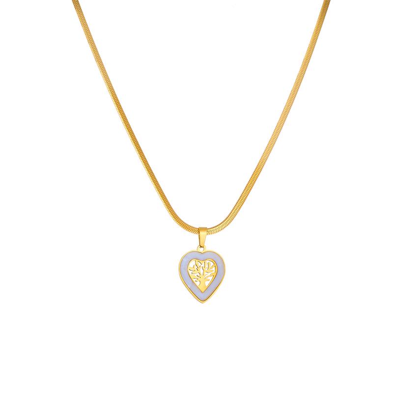 Stainless Steel Tree of Life Heart Pendant Necklace with White Shell
