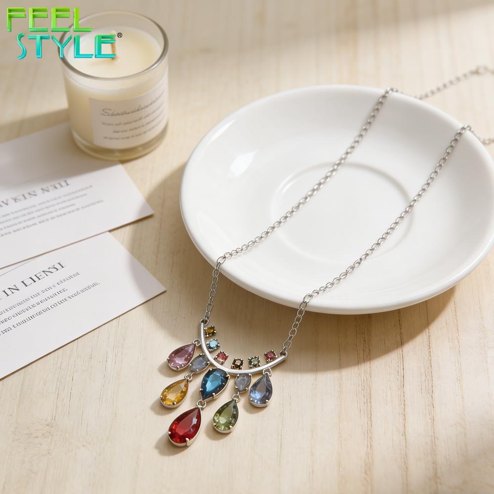 Rainbow Color Pear Cut Zircon Pendant Necklace Gold PVD 316 Stainless Steel Oval Link Chain Waterdrop Pendant Statement Necklace