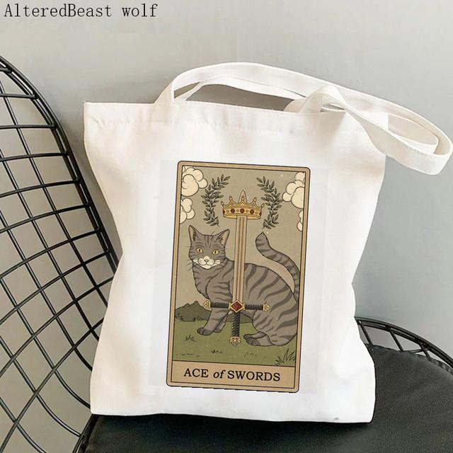 Dam Shopper bag katt Månen Tarot Tryckt Kawaii Väska Harajuku Shopping Canvas Shopper Bag flicka handväska Tote Axel Damväska