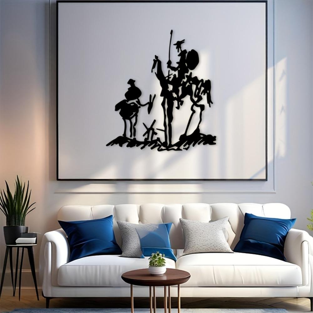 1 Stück 2D Flach Don Quijote Sancho Pansa Metall Wandkunst Schwarze Silhouette Dekorative Plakette für Wohnzimmer Arbeitszimmer Flur