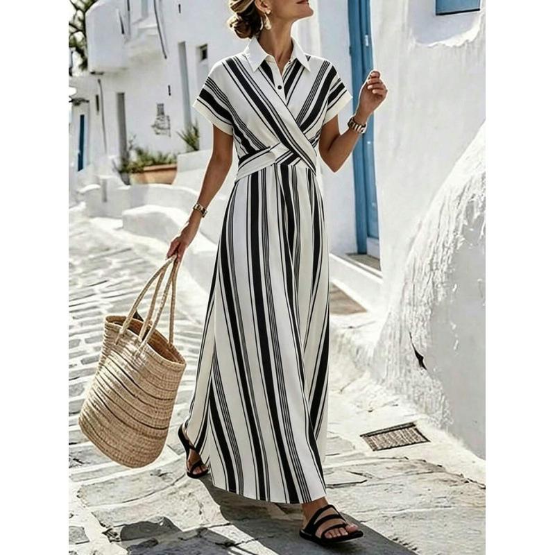 European summer new elegant commuter vacation striped POLO collar short sleeve long dress women S