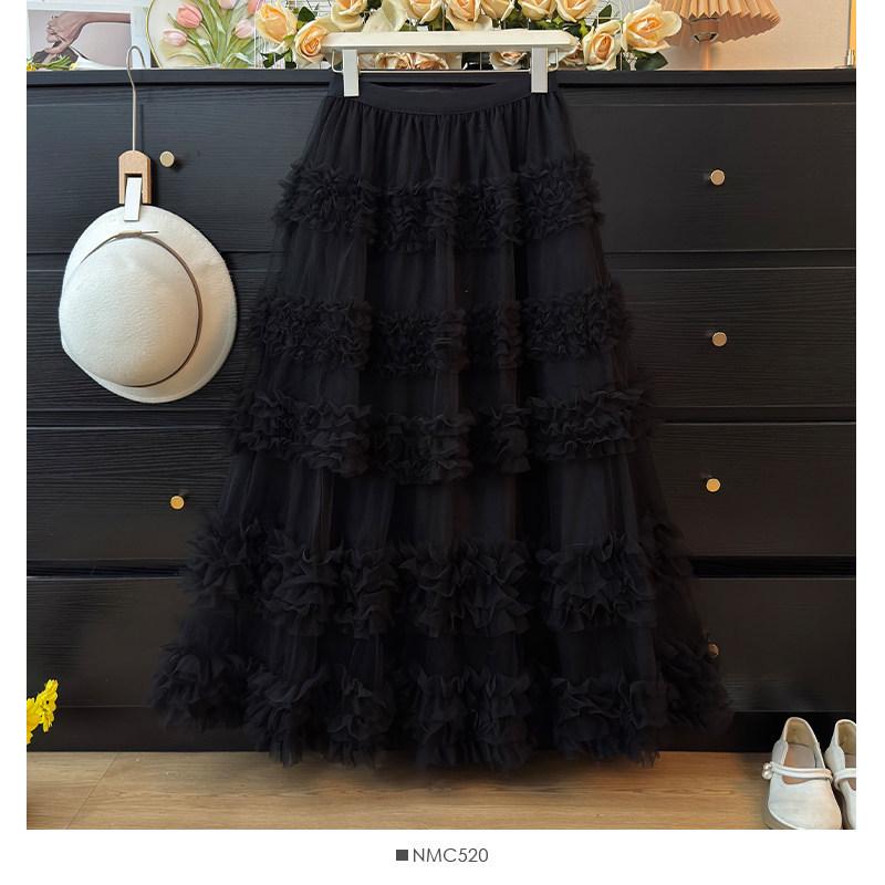 Sweet Style High Waist Ruffled Lace Gauze Maxi Skirt