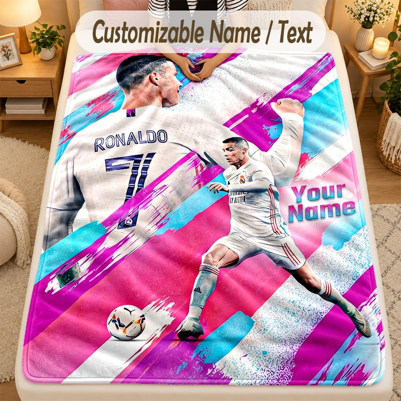 Flannel BlanketCristiano Ronaldo Custom Name Text Personalized Soft Warm Throw Blanket Home Decor Gift