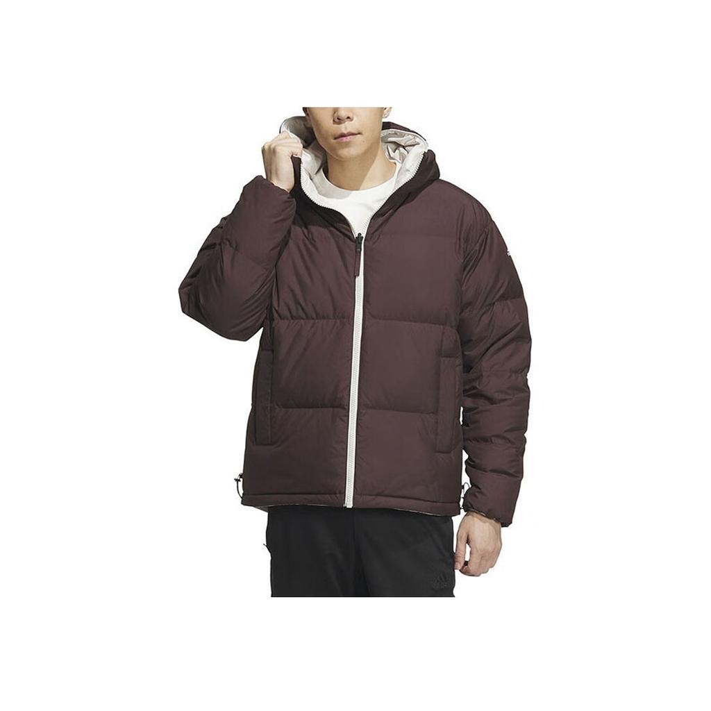 Adidas Reversible Hooded Down Jacket With Letter Logo Print Men Outerwear Beige IS0372