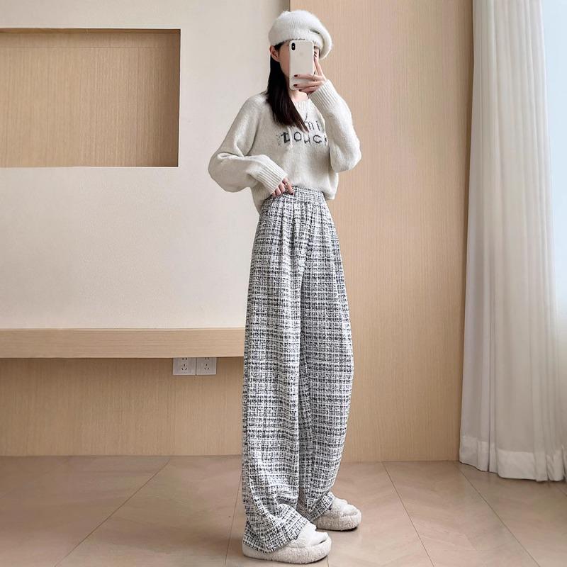 tweed plaid wide-leg pants women's autumn and winter new high-waisted chenille straight pants