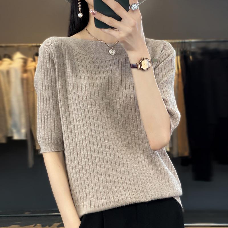 Five Quarter Sleeve Knitted Sweater for Women Solid Color Loose Sweater Casual Base Shirt French Style Mid Sleeve Sweater for Autumn