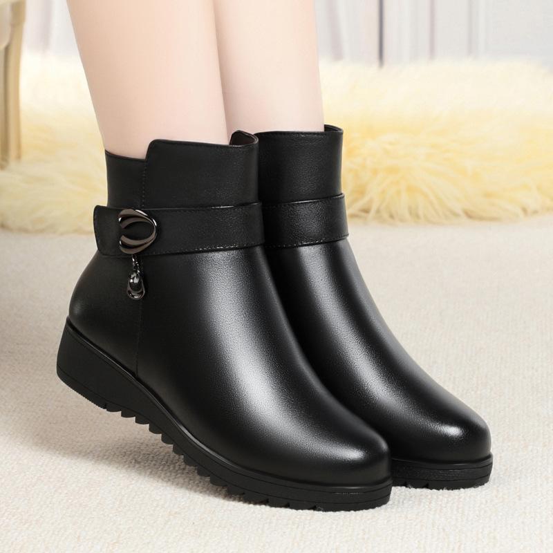 Fashion Genuine Leather Women Short Boots Thick Soled Wedges Ankle Boots Women's Winter Cotton Shoes Female Wool Warm Snow Boots 35-43