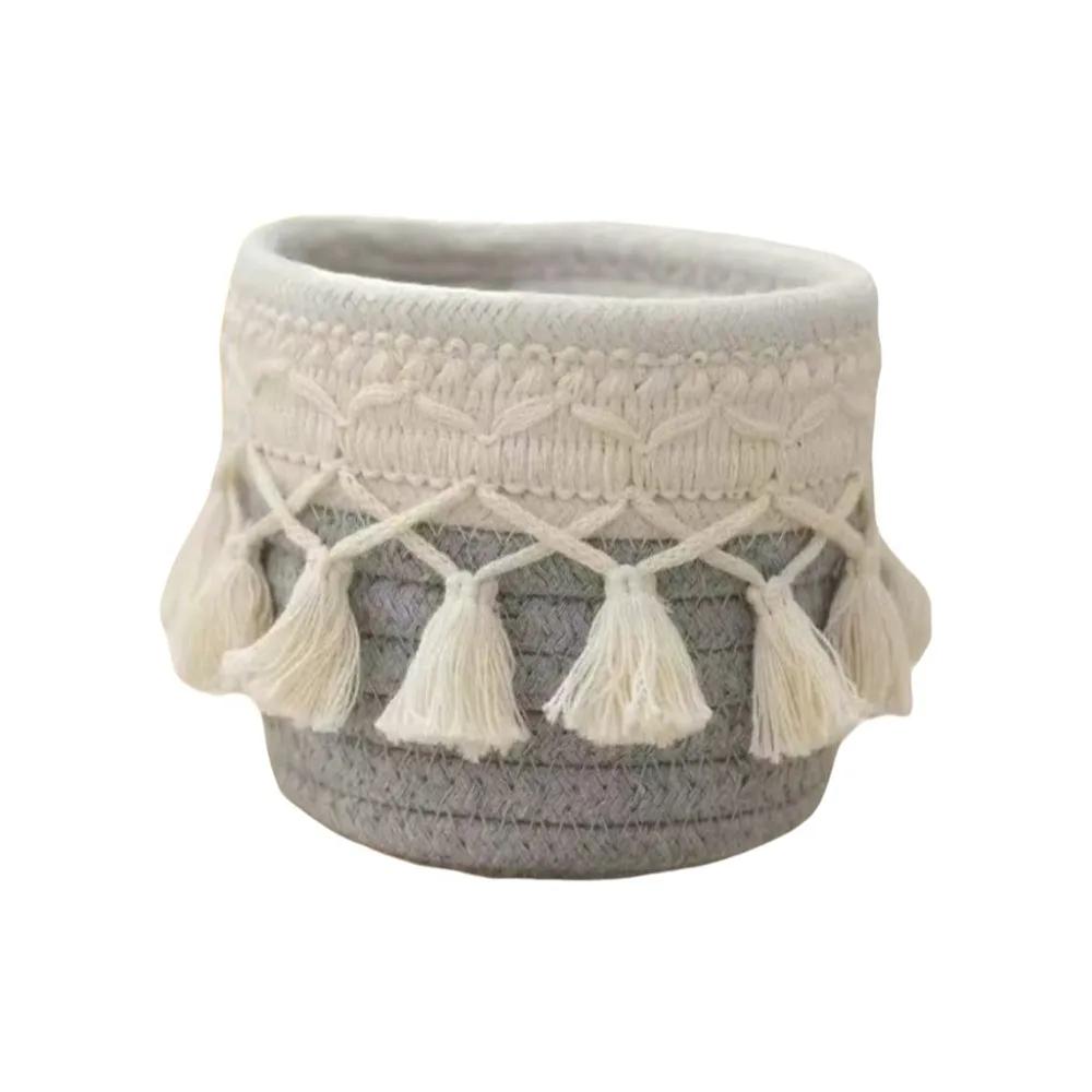 Panier de rangement tissé en corde de coton Style bohème Boîte de rangement ronde pour pinceaux de maquillage Panier de rangement léger avec pompons