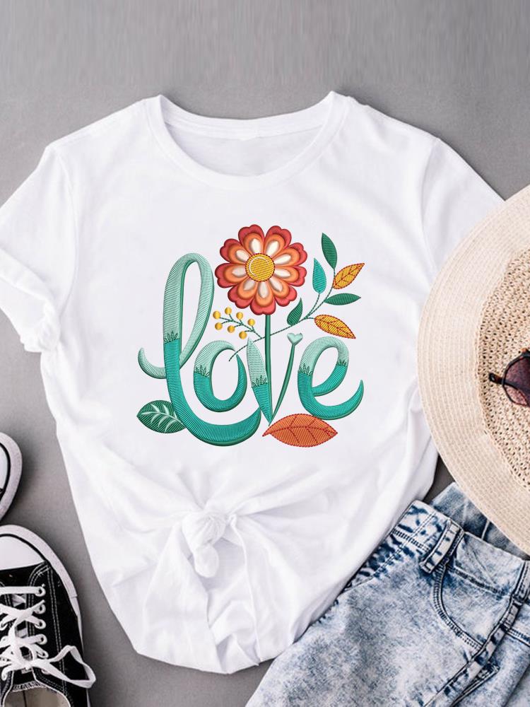 (Asian Size) flower sweet floral Women's Clothing Print Short Sleeve T-shirts Fashion Female Casual Top T O-neck Graphic Tee