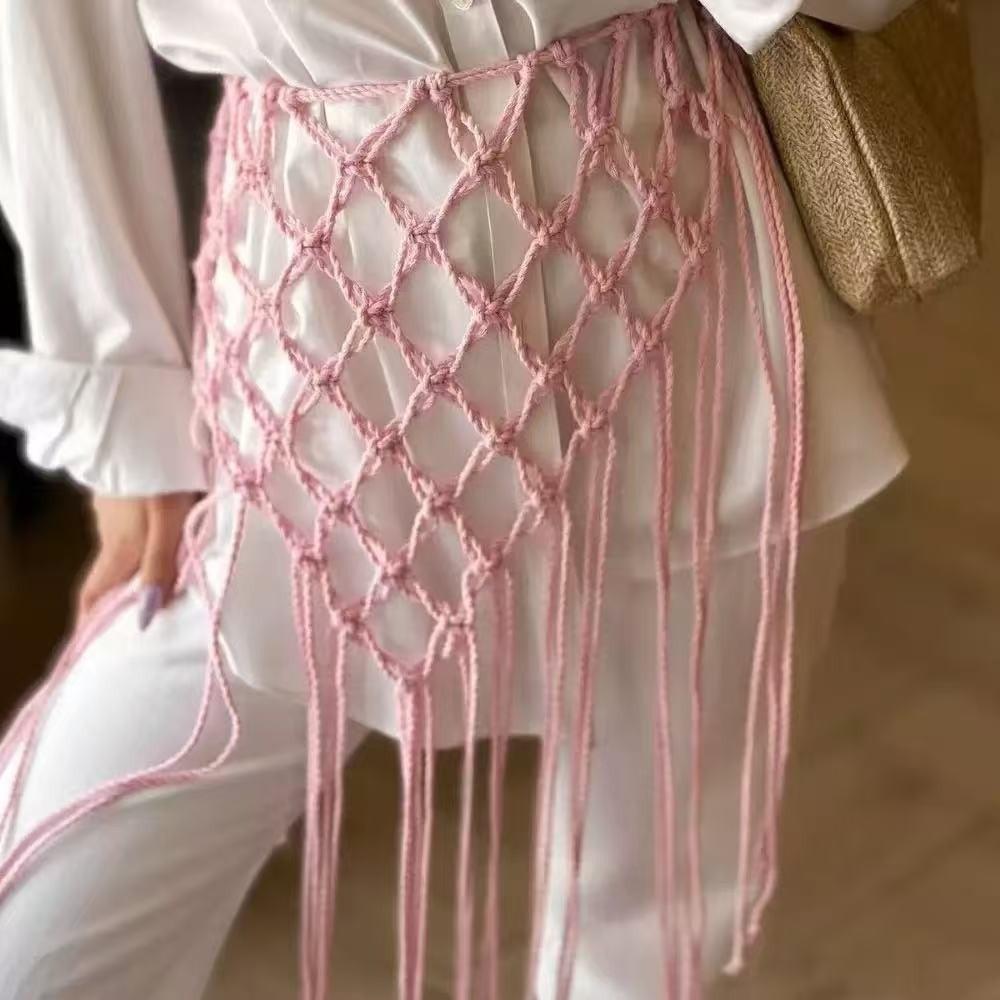 Cintura a vita in rete etnica antica con nappe, gonna con cintura intrecciata, decorazione vintage per la vita, moda donna