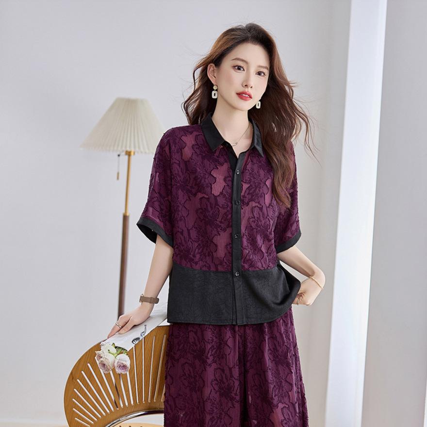 Light luxury, wide and too temperament set, women's  clothing color matching short-sleeved top, radish wide-leg pants two-piece set
