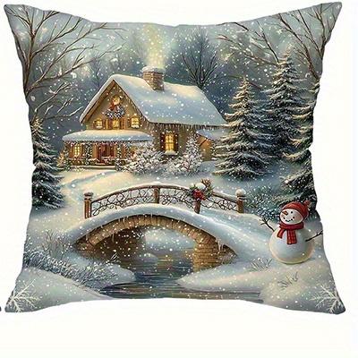 Home Decor Snowy Cottages, Santa & Deer Christmas Pillow Covers Pattern Cushion Cover Suitable For Sofa Bedroom Car Pillow Cover
