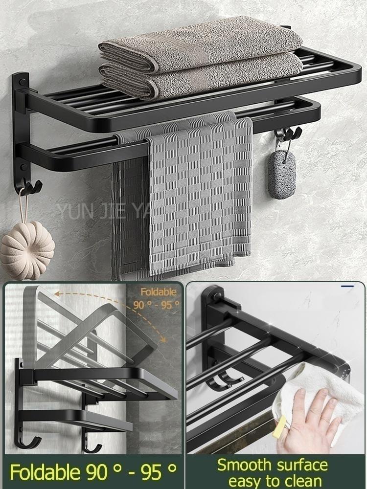 No Drill Bathroom Hardware Towel Rack Black 40CM-60CM Folding Aluminum Towel Rack Holder With Hook Towel Holder Tissue Holder