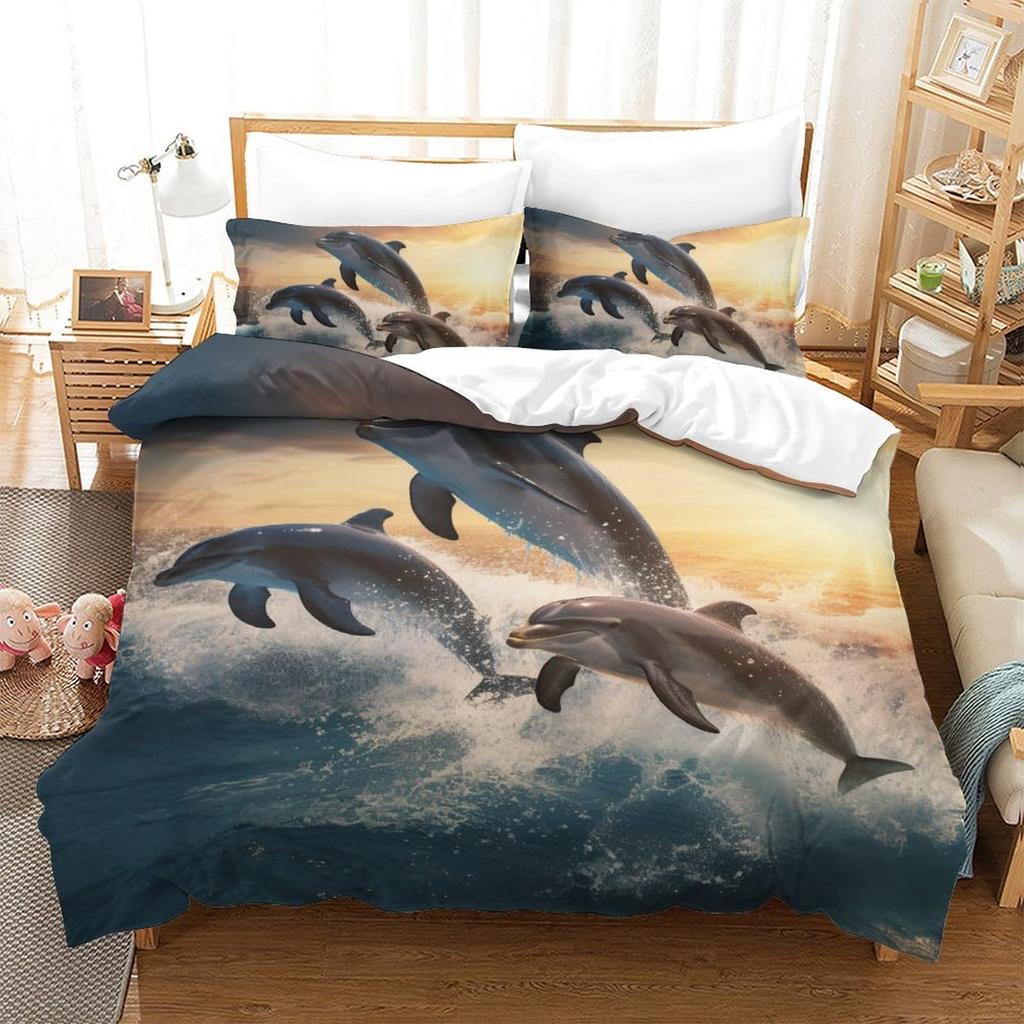 Comforter Dolphin Cute Jumping Dolphins Bedding Set Microfiber Marine Animals Comforter With 2 Pillow Sham Twin King