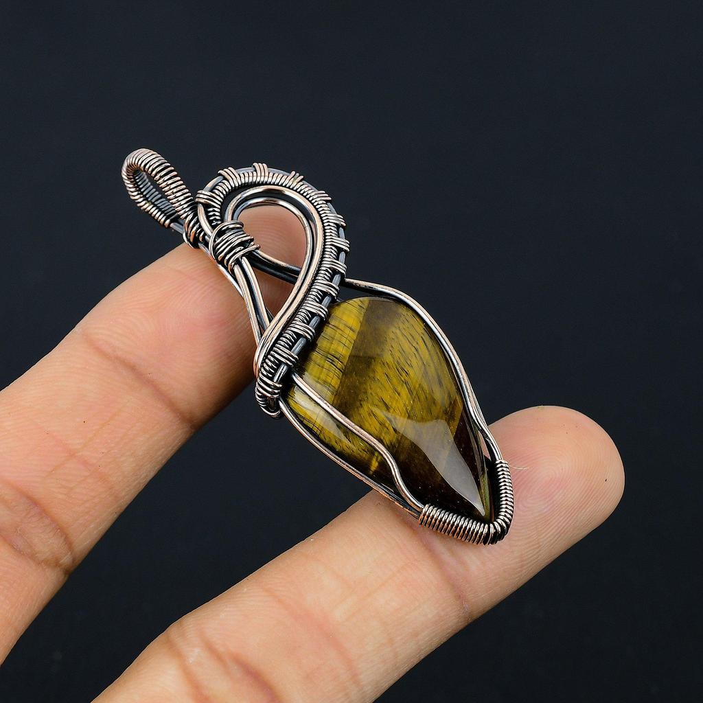 Tiger Eye Pendant, Handmade Gemstone 999 Copper Wire Wrapped Pendant Antique Jewelry, For Gift Silver Jewelry