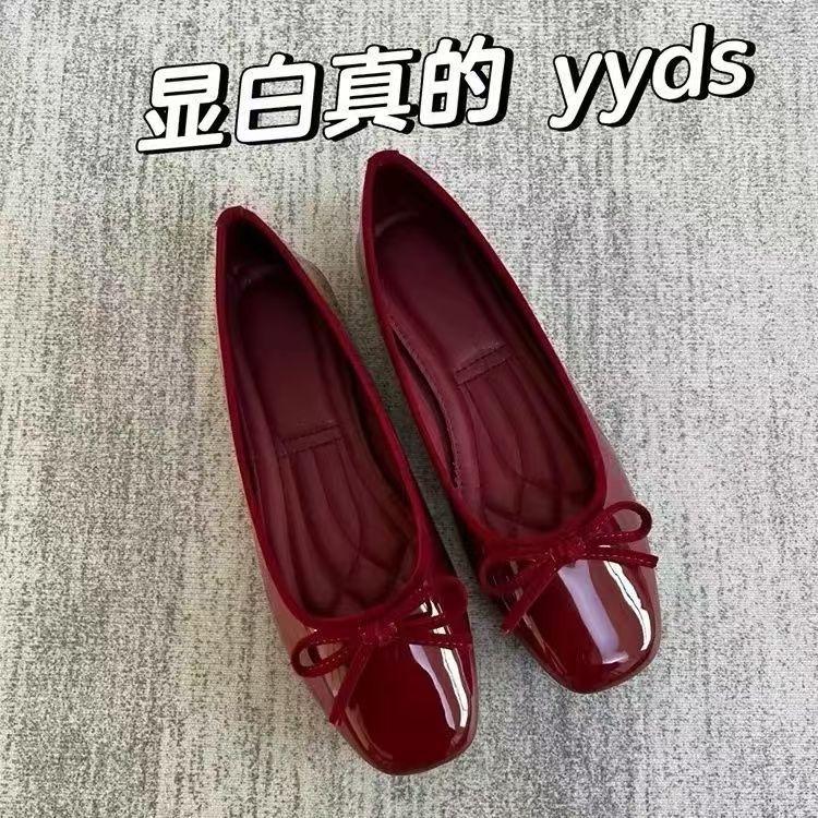 2025 Doudou Grandma Ballet Bow New Square Head Flat Bottom Red Single Shoes Fragrant Light Mouth Versatile Women's Shoes