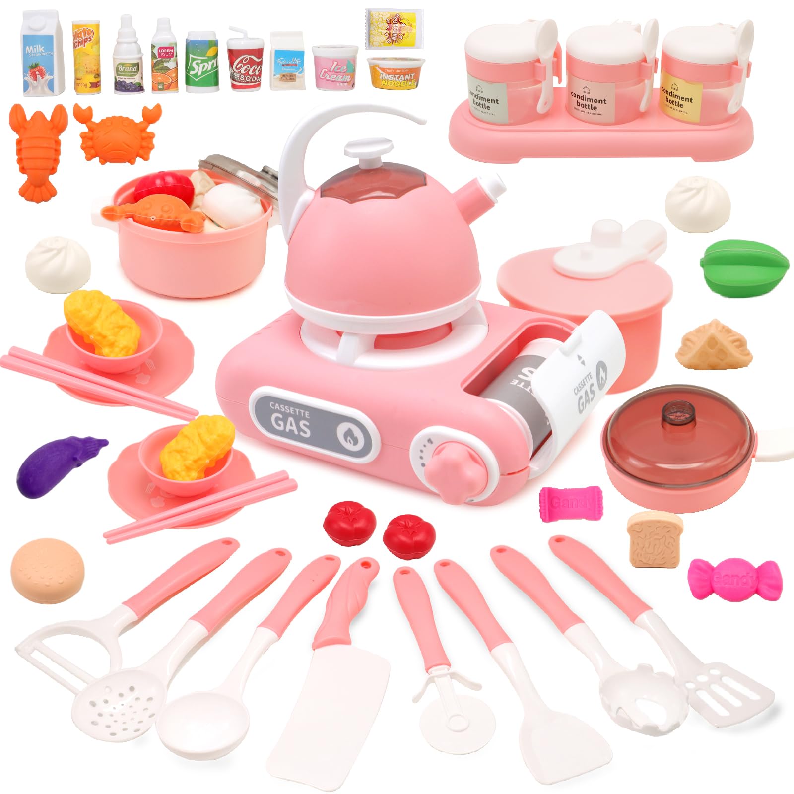 

CORPER TOYS Pretend Play Kitchen Set for Includes Sound and Light Gas and A Great Christmas 51-Piece Kids, Stove, Cookware, Kettle, Shovel, Seafood,