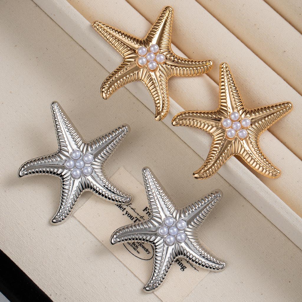 Glam Zircon Starfish Stud Earrings Exaggerated Metal Retro Design Big Piercing Earring Party Zircon Fashion Women's Accessories