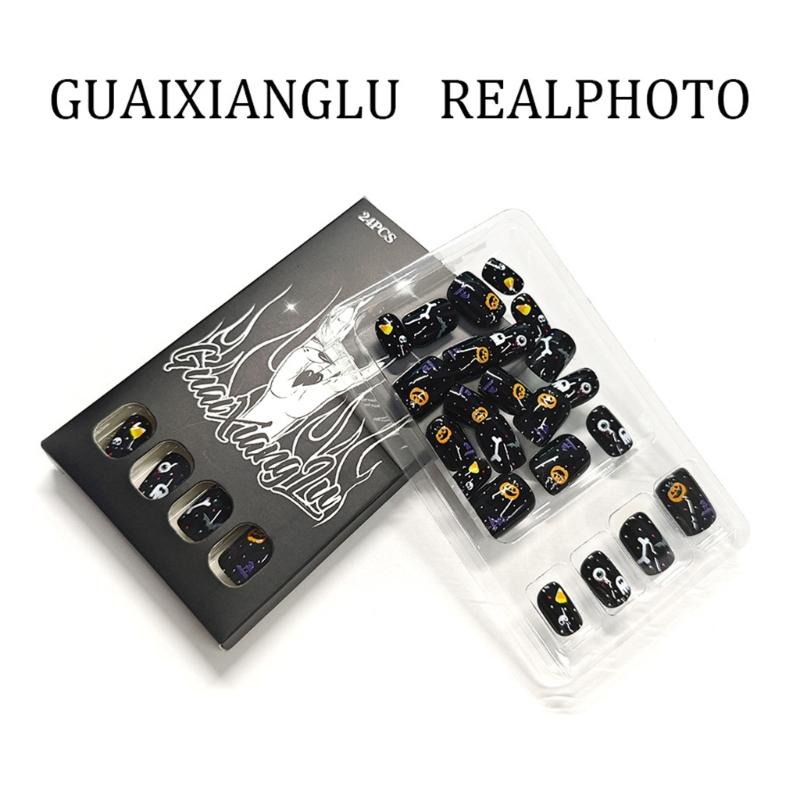 24Pieces Halloween Press On Nail Black Theme White Skeleton Skull Design Fingernail Tips Nail Not Need Tools