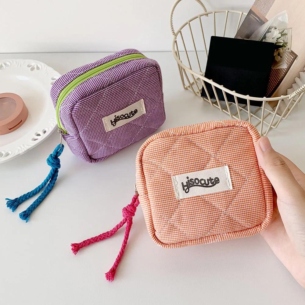 Mini Plaid Makeup Bags Headphone Key Lipstick Storage Bag Minimalist Checkered Cosmetic Bag Makeup Pouch Small Zipper Coin Purse