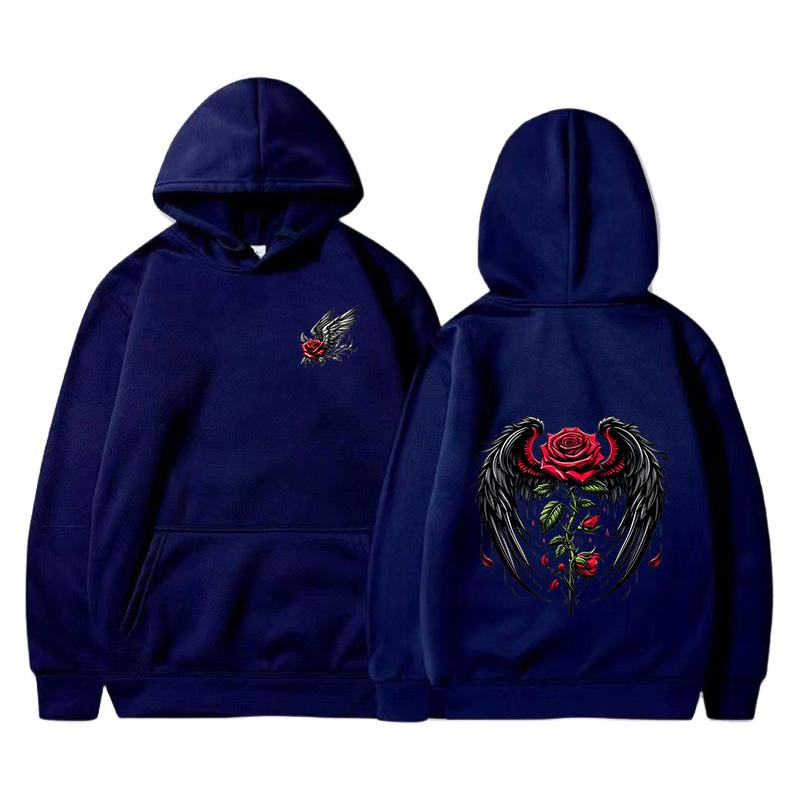 Rose wing pattern printed hoodie fashion trend brand autumn and winter loose hoodie Y2K hip-hop street wear men's and women's pu