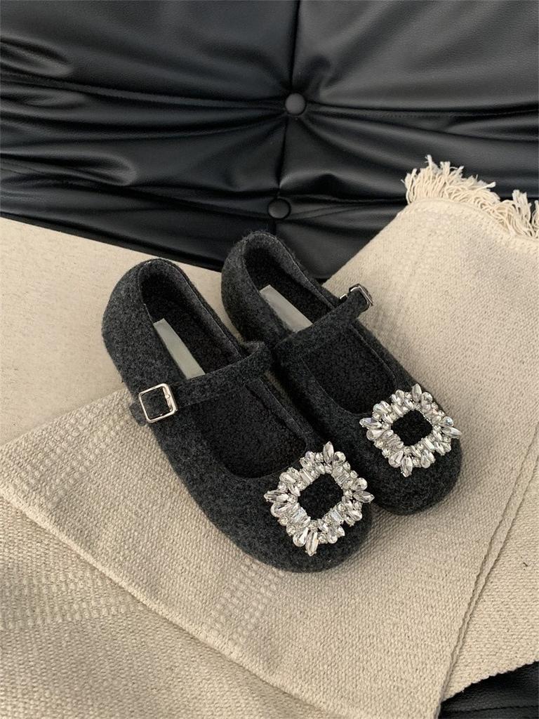 Flat bottom gray felt square head rhinestone single shoes 2025 autumn and winter velvet Mary Jane wool shoes