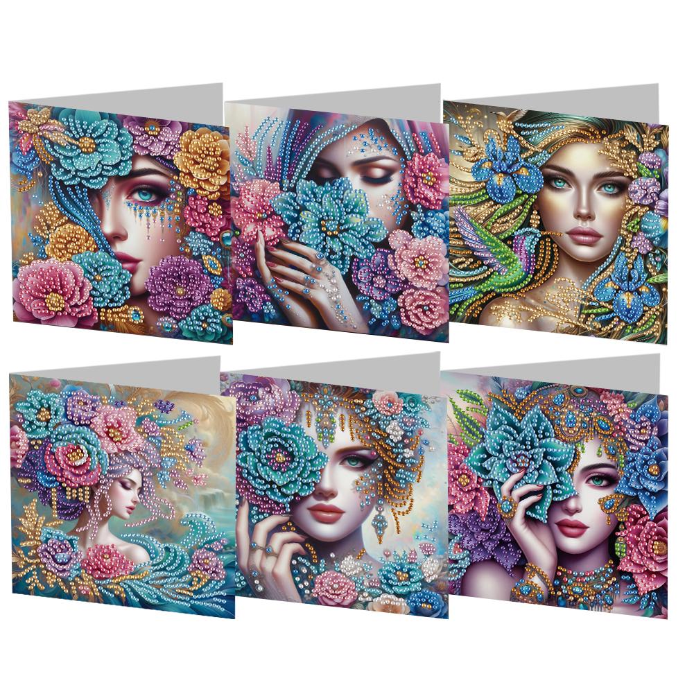 6pcs Diamond Painting Gift Card Handmade 5D Rhinestone Arts Greetings Birthday Card Arts Crafts for Birthday Blessing and Wishes